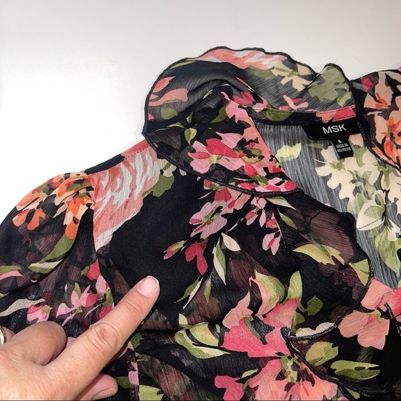 MSK Sheer Floral Faux Wrap Midi Dress Ruffle Neck 6 - Picture 14 of 17